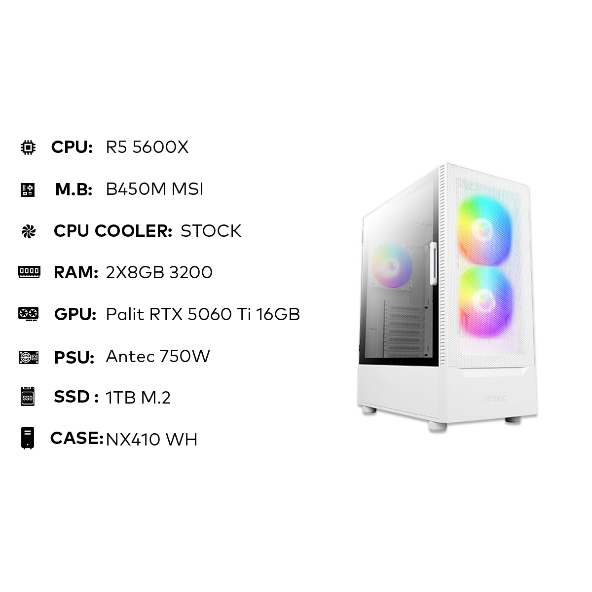 تجميعة مقترحة R5 5600X Gaming PC | 16GB DDR4 | RTX 5060Ti 16GB | 1TB SSD | 750W تجميعة مقترحة R5 5600X Gaming PC | 16GB DDR4 | RTX 5060Ti 16GB | 1TB SSD | 750W